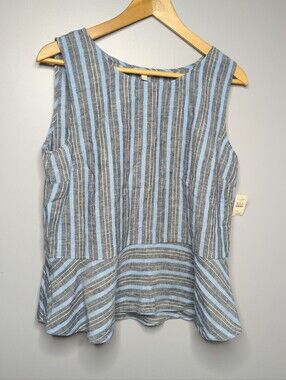 Talbots Size M Blue Woven Linen & Cotton Striped Sleeveless Peplum Top NWT